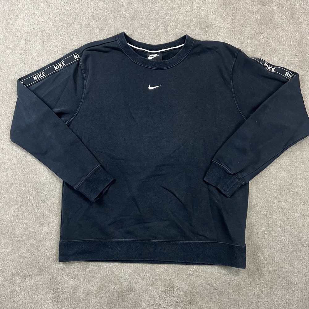 Nike Sweatshirt Small Mens Black Logo Tape Sleeve Crewneck Pullover Swoosh